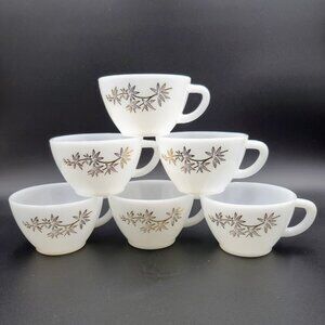 Vintage Federal Glass Heat Proof Teacup White Gold Atomic Floral Set Of 6 Read